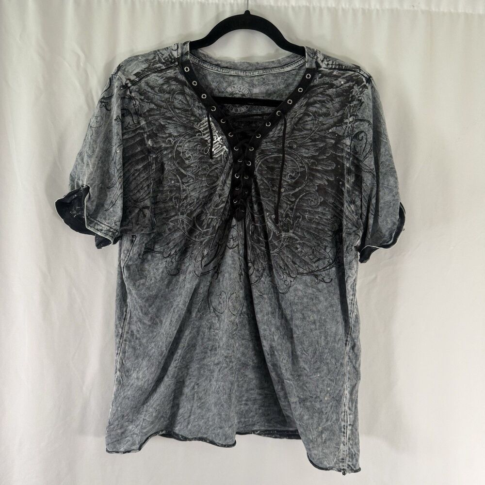 Affliction Shirt Women's XL Grey Feathered Wings Short Sleeve Vneck Pullover
